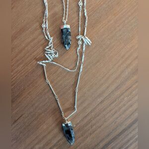Stella & Dot Aria Silver/Black/Gray Pendant Stone Rock Necklace Triple Tier
